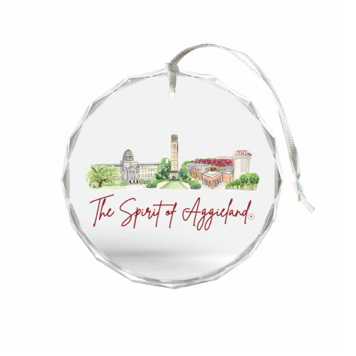Valiant Gifts Texas A&M Aggies round glass ornament featuring campus illustration with “The Spirit of Aggieland” text and ribbon hanger