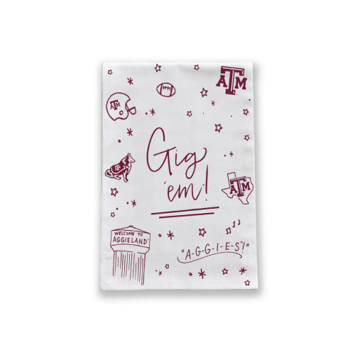 Valiant Gifts Texas A&M Aggies tea towel featuring “Gig ’Em” script with Reveille and Texas A&M themed icons in maroon