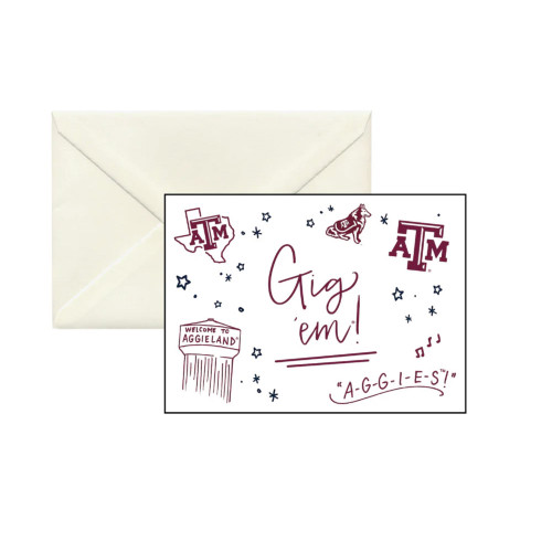 Valiant Gifts Texas A&M Aggies greeting card featuring “Gig ’Em!” text with Reveille and Texas A&M themed icons in maroon
