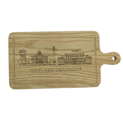 Valiant Gifts Texas A&M Aggies wooden serving board featuring engraved campus skyline with Texas A&M University text and handle
