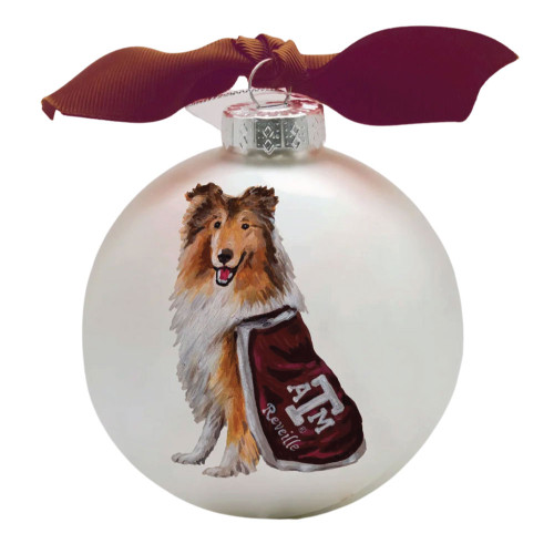 Valiant Gifts Texas A&M Aggies glass ornament featuring Reveille with Texas A&M branded blanket and maroon ribbon hanger