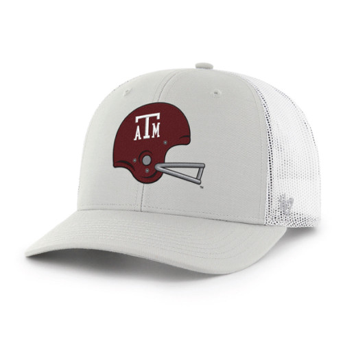 '47 Brand Texas A&M Aggies grey and white trucker hat featuring maroon Texas A&M helmet logo on the front