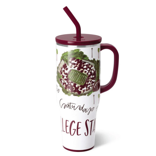 Swig Life Texas A&M Aggies handled tumbler with straw featuring College Station graphic and maroon handle and lid