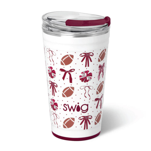 Swig Life Texas A&M Aggies 24 oz insulated tumbler featuring maroon bow and football pattern with clear lid