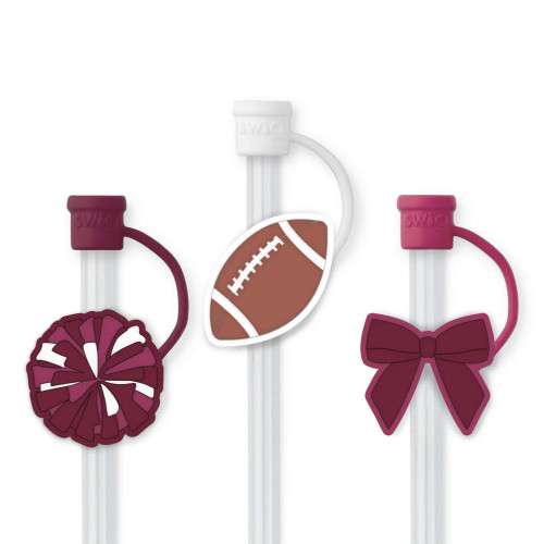 Swig Life Texas A&M Aggies straw topper set featuring maroon bow, pom pom, and football designs for reusable cups