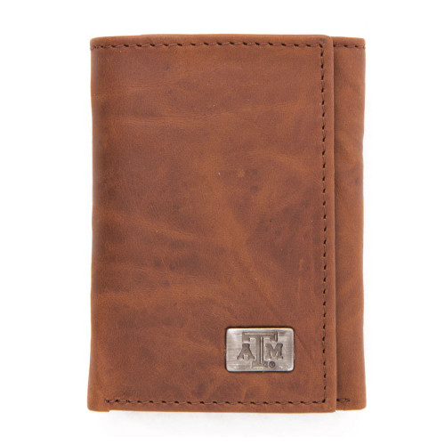 Eagles Wings Texas A&M Aggies brown leather tri fold wallet featuring a subtle Texas A&M logo plate on the front