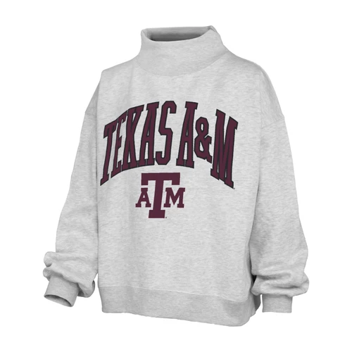 Pressbox Texas A&M mockneck sweatshirt in light heather grey featuring oversized maroon Texas A&M lettering and A&M logo, with a relaxed fit, long sleeves, and high mock neckline.