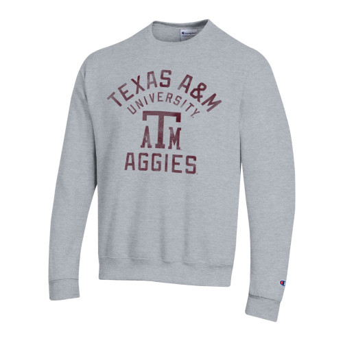 Champion Texas A&M Aggies grey crewneck sweatshirt featuring Texas A&M University Aggies text and logo on the front