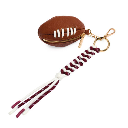 Shiraleah Texas A&M Aggies football shaped coin purse keychain with zipper closure and maroon and white braided tassel
