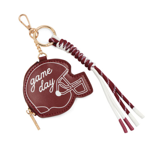 Shiraleah Texas A&M Aggies round game day coin purse keychain featuring maroon design with football helmet graphic and braided tassel