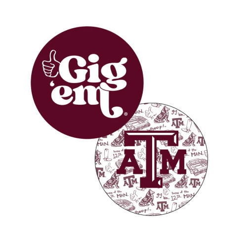 Victory Lap Texas A&M Aggies reversible coasters featuring “Gig ’Em” design on one side and Texas A&M logo with icons on the other