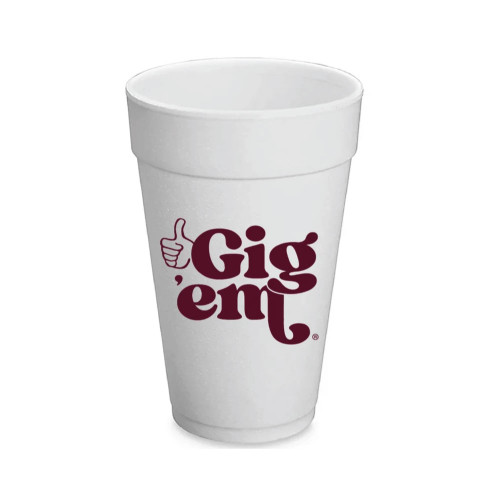 Victory Lap Texas A&M Aggies white foam cup featuring “Gig ’Em” text design in maroon
