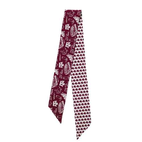 Victory Lap Texas A&M Aggies sideline skinny scarf featuring maroon side with Texas A&M themed icons and reverse side with repeating logo pattern