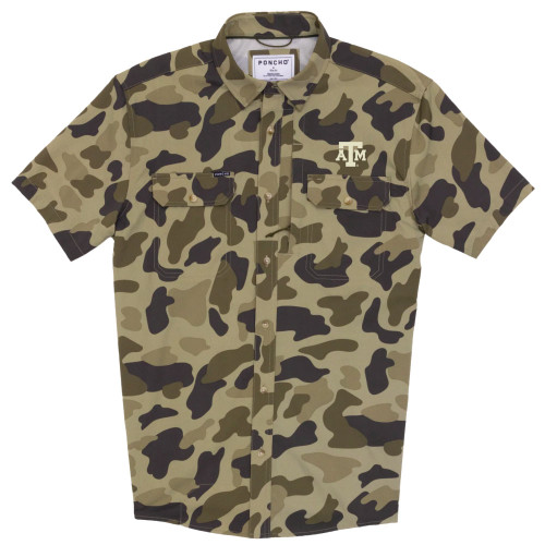 Poncho Texas A&M Aggies camo short sleeve button down shirt with chest pockets and embroidered Texas A&M logo