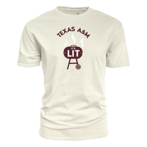 Life Is Good Texas A&M Aggies cream t shirt featuring Texas A&M graphic with lit grill design on the front