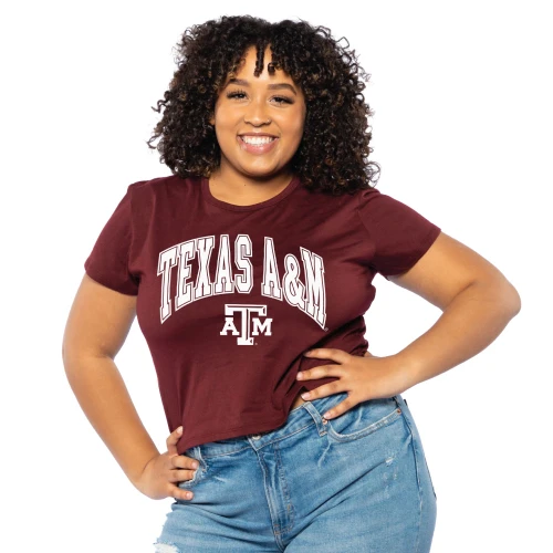 ZooZatz Texas A&M Aggies maroon cropped t shirt with arched Texas A&M lettering and ATM logo
