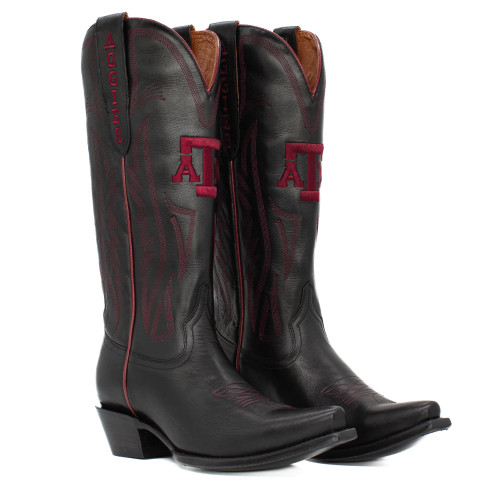 Gameday Boots Texas A&M Aggies black leather cowboy boots featuring maroon stitching and Texas A&M logo on the shaft