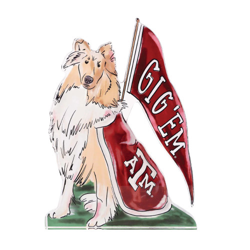 Glory Haus Texas A&M Aggies Reveille tabletop décor featuring Reveille the collie with maroon Gig Em flag and Texas A&M blanket