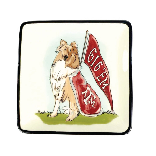Glory Haus Texas A&M Aggies trinket tray featuring Reveille the collie with maroon Gig Em flag and Texas A&M blanket