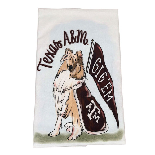 Glory Haus Texas A&M Aggies tea towel featuring Reveille the collie with maroon Gig Em flag and Texas A&M text