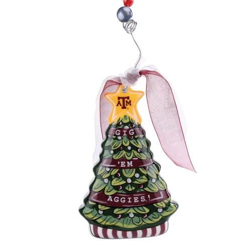 Glory Haus Texas A&M Aggies Christmas ornament featuring decorated tree design with Texas A&M logo and maroon ribbon hanger