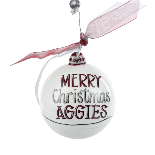Glory Haus Texas A&M Aggies round Christmas ornament featuring “Merry Christmas Aggies” text with maroon ribbon hanger