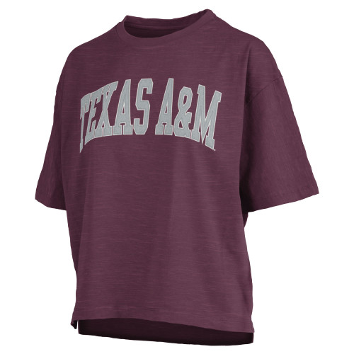 Maroon Pressbox Texas A&M Aggies oversized women’s short sleeve t shirt featuring arched Texas A&M graphic across the chest in grey lettering, relaxed fit Texas A&M spirit wear top.