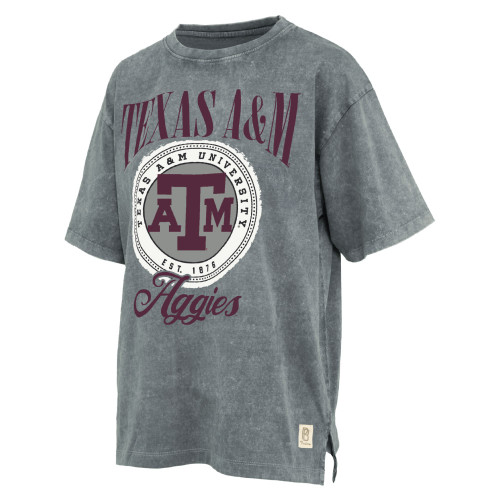 Grey mineral wash Pressbox Texas A&M Aggies oversized women’s t shirt featuring circular ATM University EST 1876 logo with Texas A&M text and Aggies script graphic, relaxed fit Texas A&M spirit wear top.