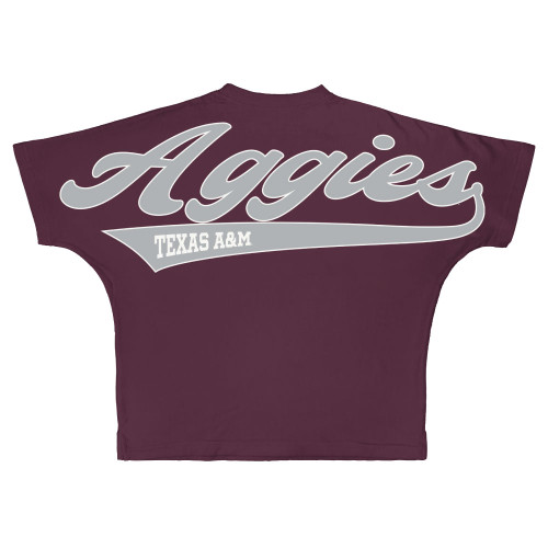 Pressbox Texas A&M Aggies maroon cropped t shirt featuring oversized Aggies script and Texas A&M text across the back