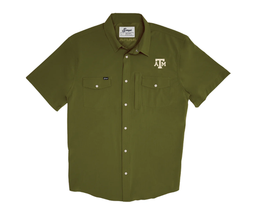 Snaps Clothing Co. Texas A&M Aggies olive green short sleeve button down shirt featuring chest pockets and embroidered Texas A&M logo