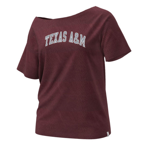 Maroon Champion Texas A&M women’s t shirt featuring arched TEXAS A&M lettering across the chest, relaxed fit with wide neckline for an off shoulder look, short sleeve design, Texas A&M Aggies stylish gameday top for everyday spirit wear.