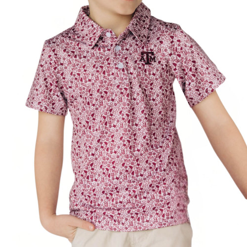 Scarlet & Gold youth Texas A&M polo in maroon and white all over Aggies print with embroidered Texas A&M logo on the chest.