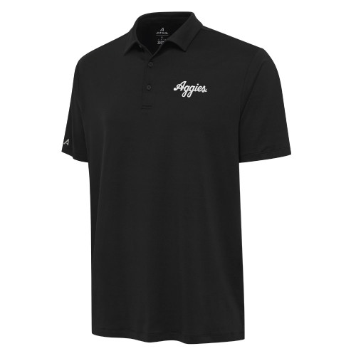 Antigua Texas A&M Aggies black polo shirt featuring embroidered Aggies script on the chest