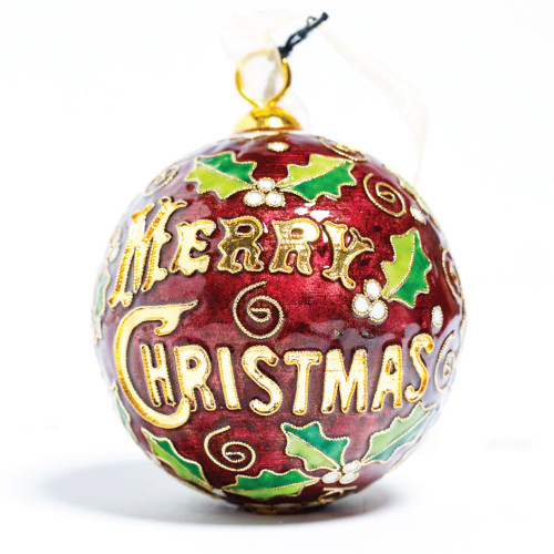 Kitty Keller Texas A&M Aggies maroon glass Christmas ornament featuring hand painted “Merry Christmas” design with holly accents