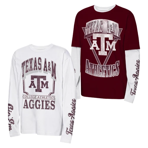 Outerstuff boys’ Texas A&M shirt set with a white long-sleeve Aggies graphic tee and maroon short-sleeve A&M Athletics tee, designed to be worn separately or layered together.