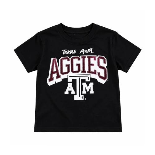 Outerstuff youth black Texas A&M tee featuring white Texas A&M script, oversized maroon glitter Aggies lettering with white shadow accents, and a large white A&M logo on the front.