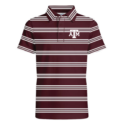 Toddler maroon Garb polo with white horizontal stripes, a classic collar, button placket, and an embroidered Texas A&M logo on the left chest for a polished Aggie-inspired look.