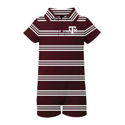 Infant maroon Garb romper featuring white horizontal stripes, a polo-style collar, short sleeves, leg openings, and an embroidered Texas A&M logo on the left chest.