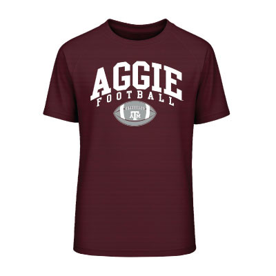 Toddler maroon Garb tee featuring bold "Aggie Football" text, a football graphic with the Texas A&M logo, short sleeves, and a crew neckline for young Aggie fans.
