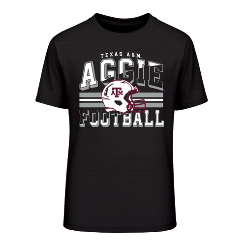 Garb youth black Texas A&M tee featuring white and gray Aggie Football lettering, striped graphics, and a white football helmet with maroon A&M logo and facemask.