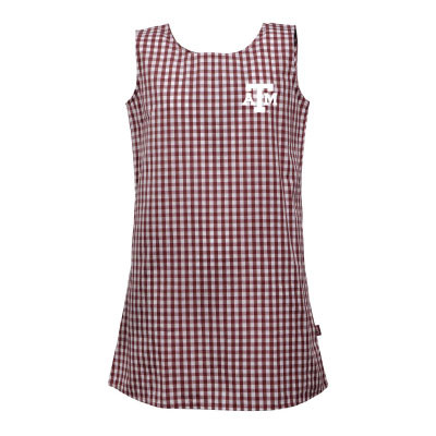 Toddler sleeveless Garb dress featuring a maroon and white gingham pattern, embroidered Texas A&M logo on the chest, scoop neckline, and a relaxed silhouette for game day and everyday wear.