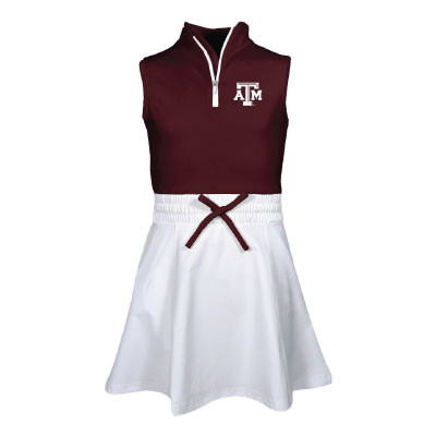 Toddler Garb dress featuring a maroon sleeveless quarter-zip top with an embroidered Texas A&M logo, white flared skirt, elastic waistband, and maroon tie detail for a spirited game day outfit.
