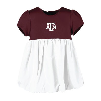 Infant Garb bubble dress featuring a maroon bodice with an embroidered Texas A&M logo, white gathered bubble skirt, short puff sleeves, and a comfortable design for young Aggie fans.