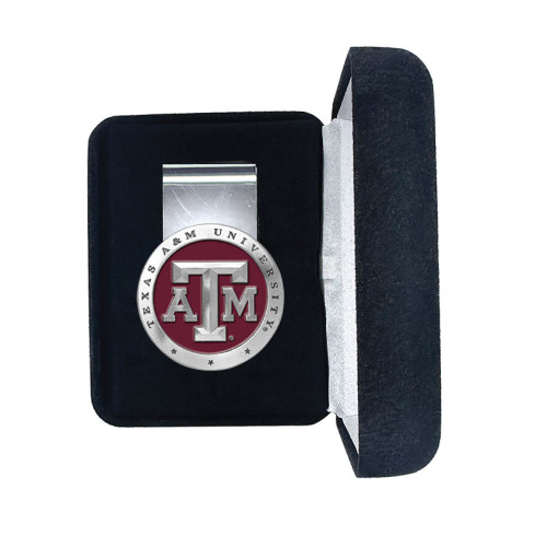 Heritage Metalworks Texas A&M Aggies money clip featuring medallion Texas A&M University logo in presentation box
