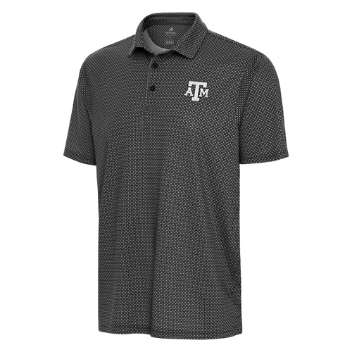 Antigua dark Texas A&M polo featuring an allover small geometric print, classic collared neckline, short sleeves, and an embroidered white A&M logo on the chest for a polished Aggie look.