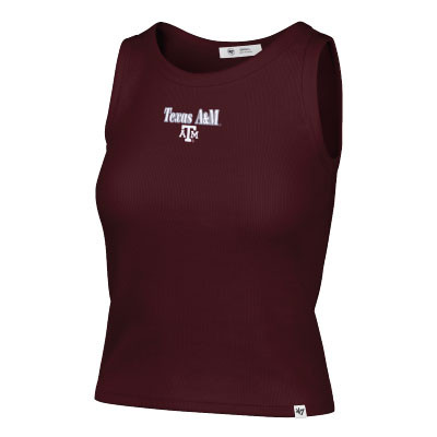 Maroon ’47 Brand ribbed tank top featuring embroidered Texas A&M lettering and logo on the chest, sleeveless construction, scoop neckline, and a fitted design for casual game day wear.