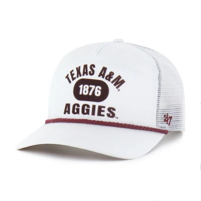 White ’47 Brand Texas A&M trucker cap featuring maroon Texas A&M, 1876, and Aggies graphics, a maroon rope accent, curved bill, mesh back panels, and adjustable snapback closure.