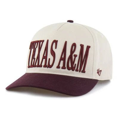 Cream and maroon ’47 Brand Texas A&M cap featuring oversized embroidered Texas A&M lettering, contrasting maroon curved bill, matching top button, and an adjustable maroon snapback closure.
