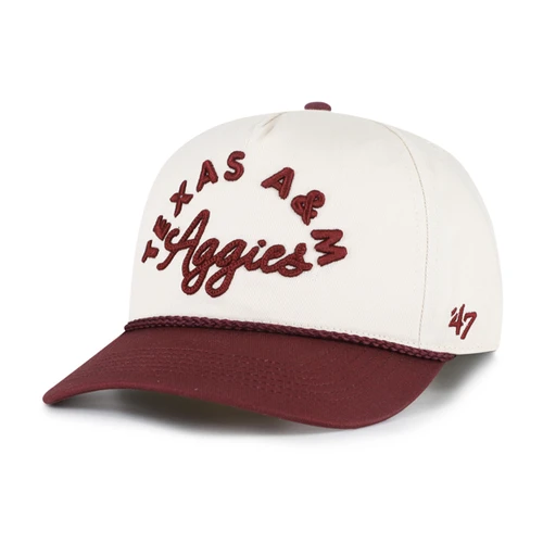 ’47 Brand cream and maroon Texas A&M cap featuring raised Texas A&M Aggies embroidery, maroon rope and curved bill, embroidered A&M back logo, and an adjustable snap closure.