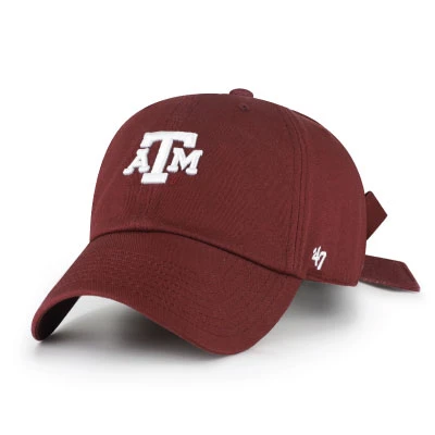 Maroon ’47 Brand Texas A&M cap featuring a white embroidered A&M logo, curved bill, tonal stitching, and an adjustable self-tie bow closure at the back for a feminine finish.